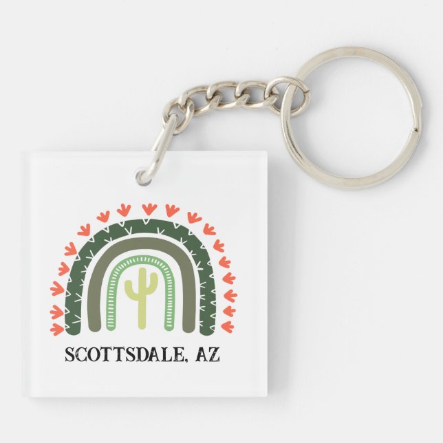 Cactus Rainbow custom text Modern Desert Keychain (Back)