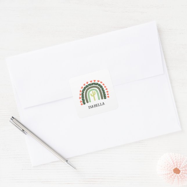 Cactus Rainbow NAME Orange Green Modern Desert Square Sticker (Envelope)