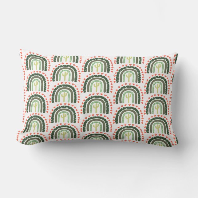 Cactus Rainbow Orange Green White Modern Desert Lumbar Pillow (Front)