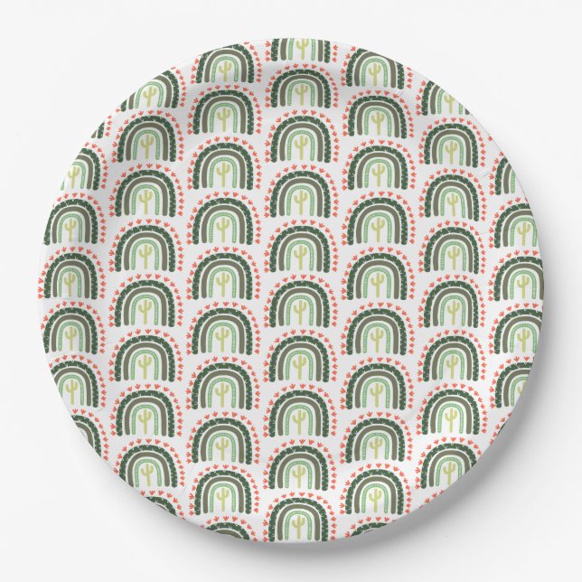 Cactus Rainbow Orange Green White Modern Fun Paper Plates (Front)