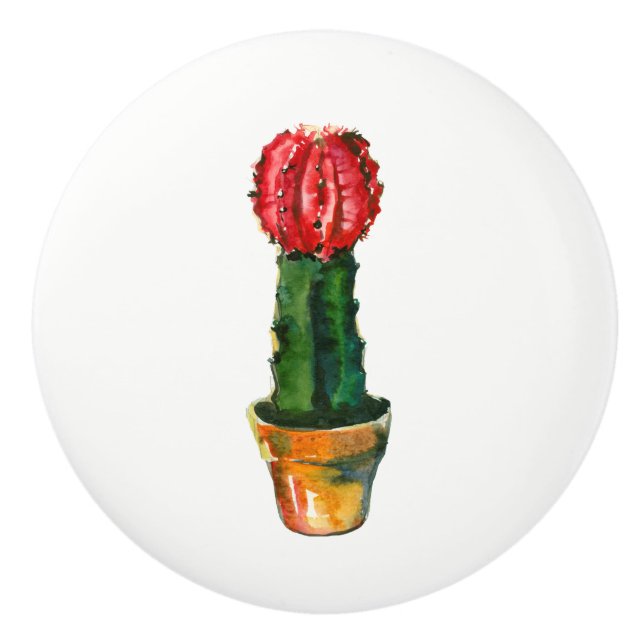Cactus Red Green Plant Boho Rustic Southwestern Ceramic Knob (Front)