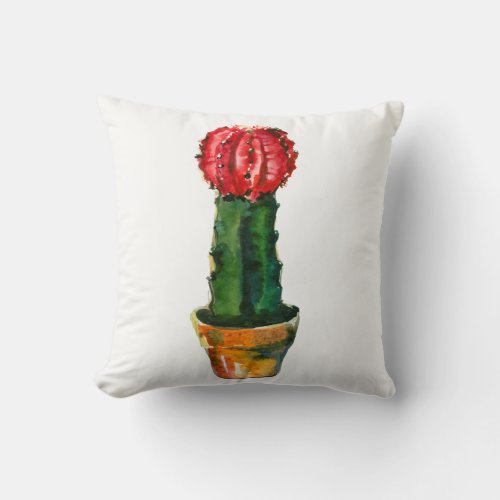 Cactus Red  Green Watercolor Southwestern Boho Throw Pillow