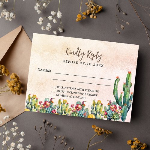 Cactus rose gold rustic wedding response RSVP Note Card