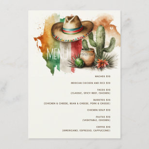 Cactus, sombrero fiesta party. Mexican food cafe Menu