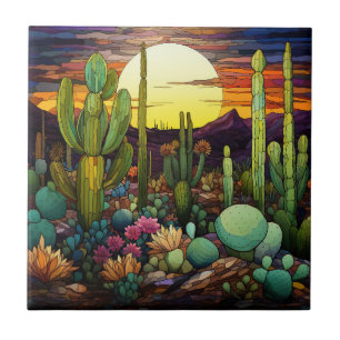 Cactus Stained Glass Ceramic Tile