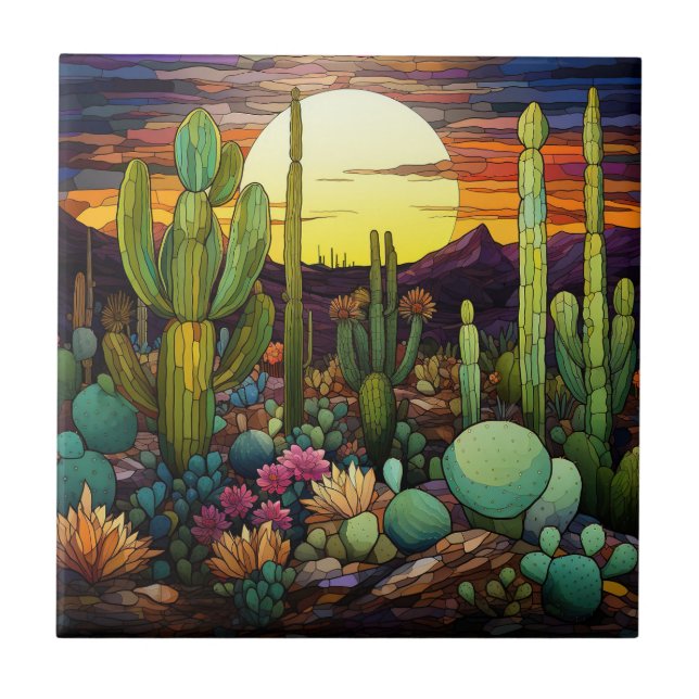 Cactus Stained Glass Ceramic Tile (Front)