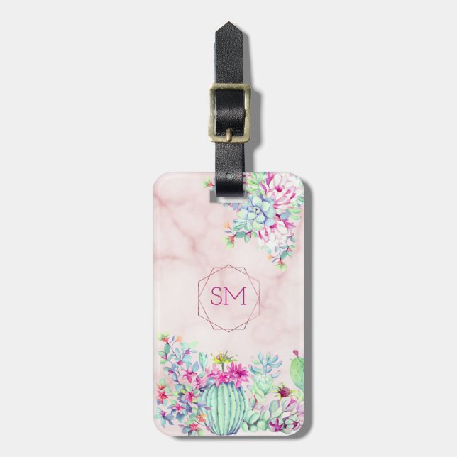 Cactus Succulent Blush Marble Geometric Monogram Luggage Tag (Front Vertical)