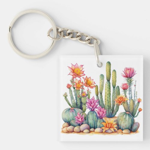Cactus Succulent Botanical Watercolor Painting  Keychain