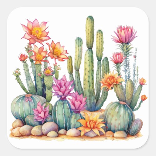 Cactus Succulent Botanical Watercolor Painting  Square Sticker