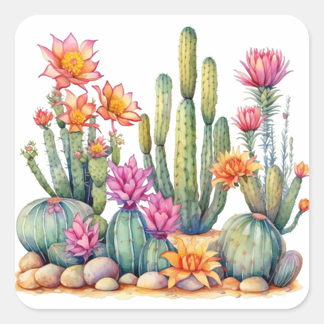 Cactus Succulent Botanical Watercolor Painting  Square Sticker (Front)