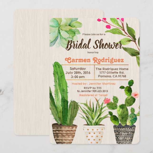 Cactus Succulent Floral Bridal Shower Invitation (Front/Back)