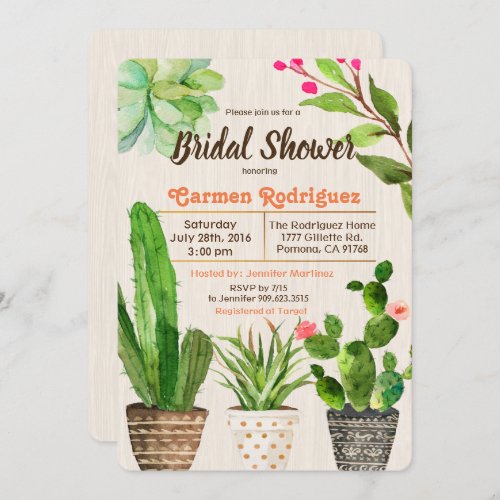 Cactus Succulent Floral Bridal Shower Invitation