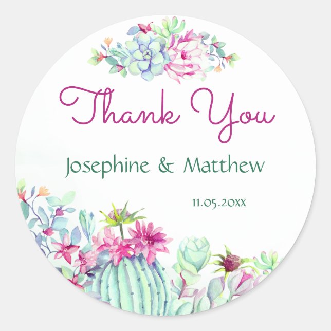 Cactus & Succulent Flowers Wedding Thank You Classic Round Sticker (Front)