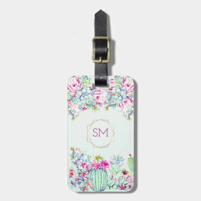 Cactus Succulent Geometric Monogram Luggage Tag (Front Vertical)