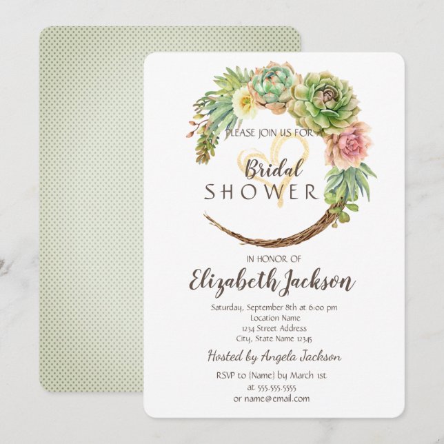 Cactus Succulent Glitter Heart  Bridal Shower Invitation (Front/Back)