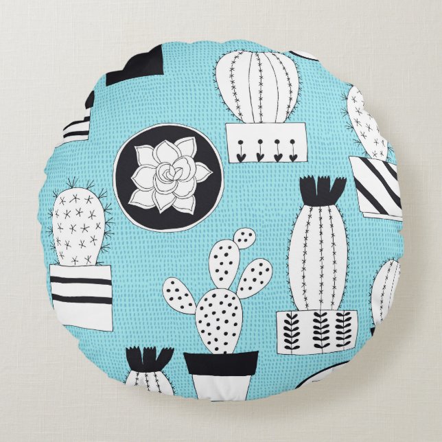 Cactus, succulent: hand-drawn seamless design. round pillow (Front)