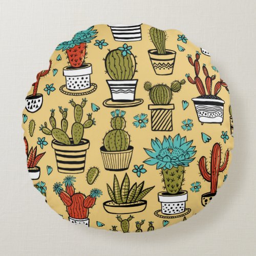 Cactus Succulent Hand Drawn Sketch Round Pillow