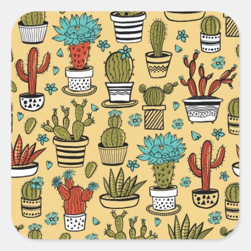 Cactus Succulent Hand Drawn Sketch Square Sticker