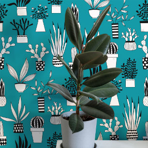 Cactus Succulent House Plant Teal Green Art Wallpaper
