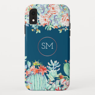 Cactus Succulent Monogram Ocean Blue Monogram iPhone XR Case