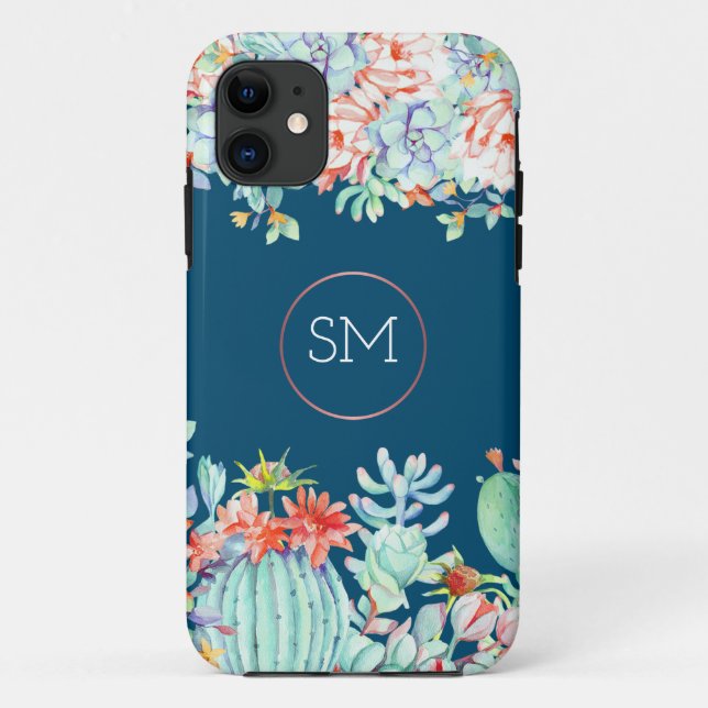 Cactus Succulent Monogram Ocean Blue Monogram Case-Mate iPhone Case (Back)