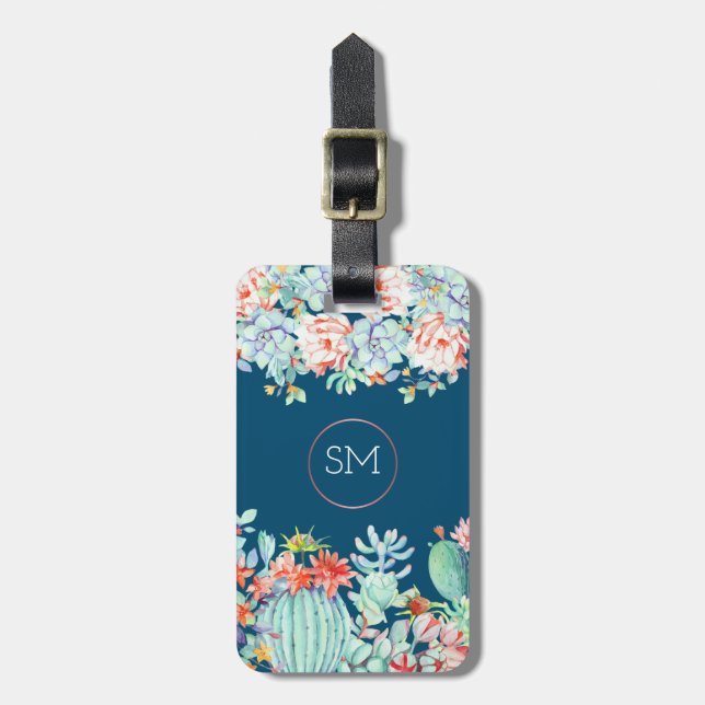 Cactus Succulent Monogram Ocean Blue Personalized Luggage Tag (Front Vertical)