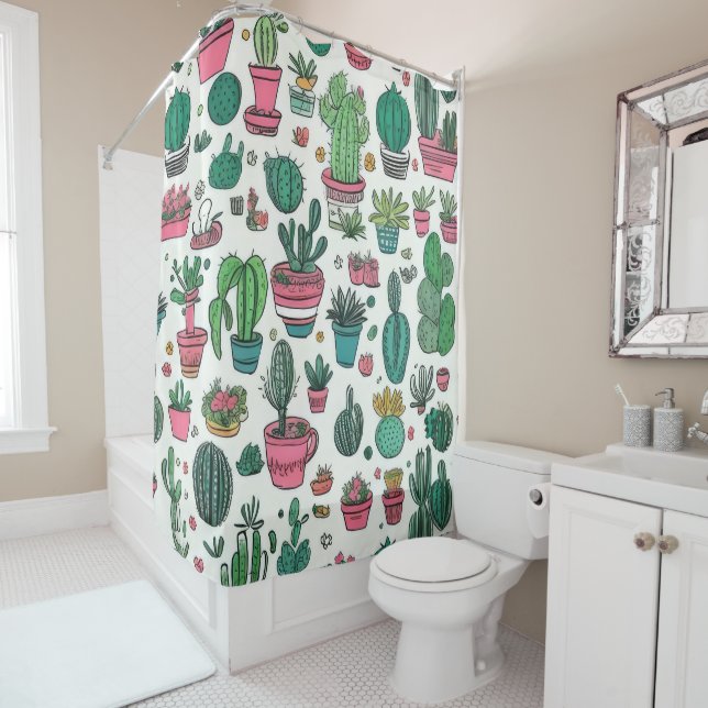Cactus Succulent Pattern Shower Curtain (In Situ)