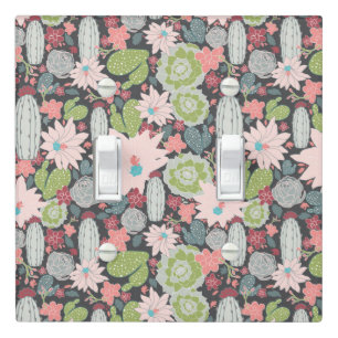Cactus Succulent Plants Pattern Green Pinks Blue Light Switch Cover