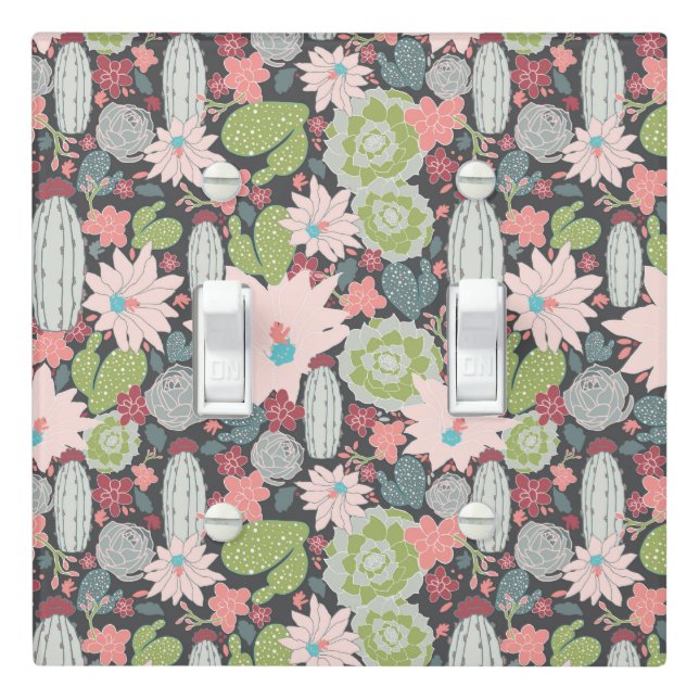 Cactus Succulent Plants Pattern Green Pinks Blue Light Switch Cover (In Situ)