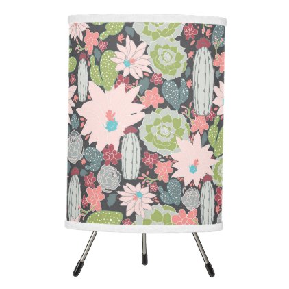 Cactus Succulent Plants Pattern Green, Pinks, Blue Tripod Lamp