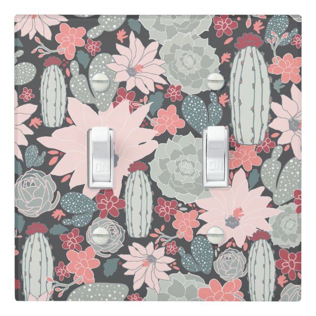 Cactus Succulent Plants Pattern Greens Pinks Light Switch Cover (In Situ)