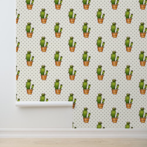 Cactus  Succulent Polk Dot Pattern Wallpaper