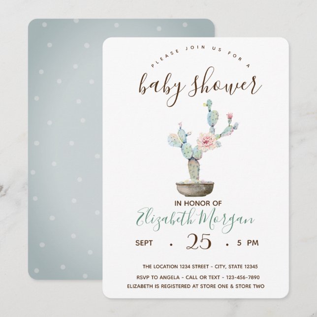  Cactus Succulent Polka Dots Baby Shower  Invitation (Front/Back)