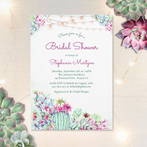 Cactus Succulent String Lights Bridal Shower Invitation