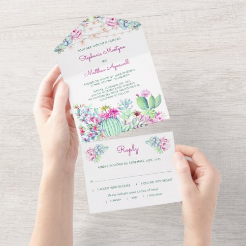 Cactus Succulent String Lights Pink Wedding All In One Invitation