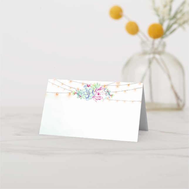 Cactus Succulent String Lights Wedding Place Cards (Front)