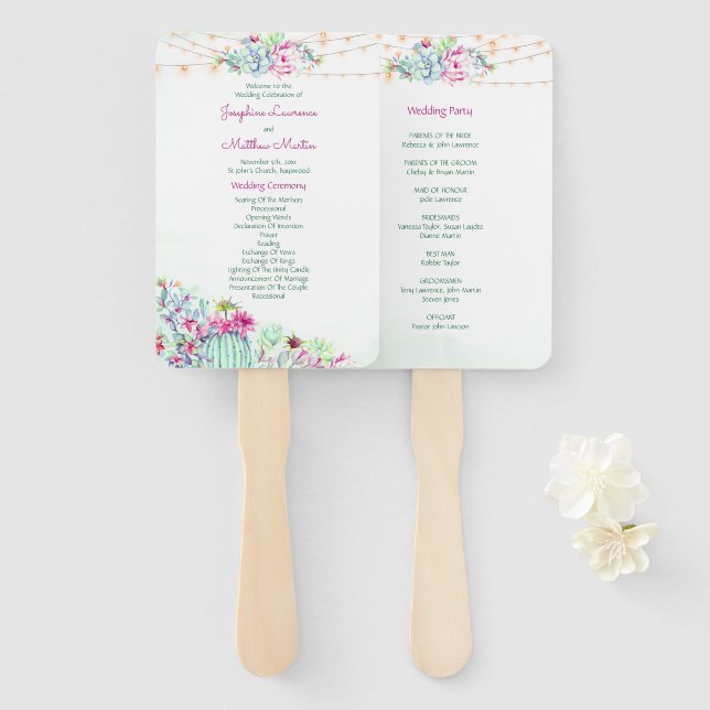 Cactus Succulent String Lights Wedding Programs Hand Fan (Front and Back)