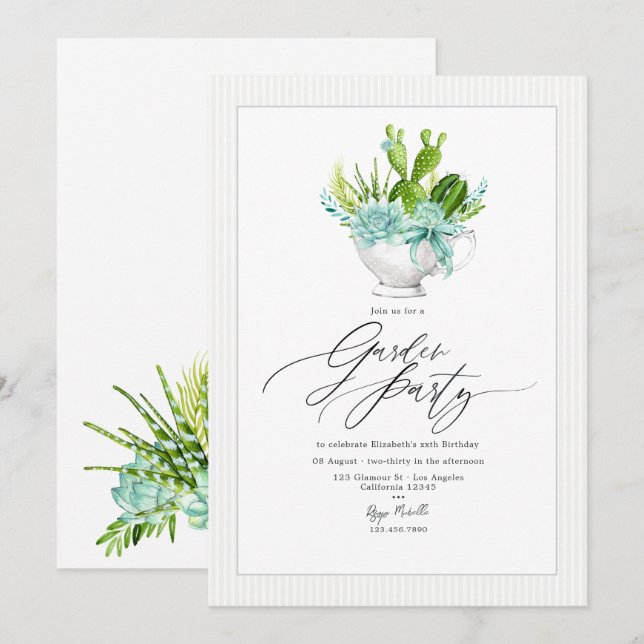 Cactus Succulent Tea Cup Garden Party Invitation (Front/Back)