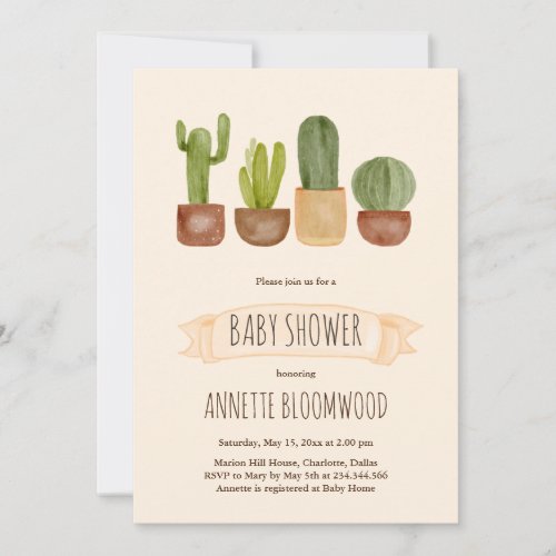 Cactus Succulent Terracotta Pot Baby Shower Invitation