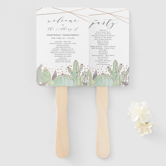 Cactus & Succulent Trendy Wedding Ceremony Program Hand Fan (Front and Back)