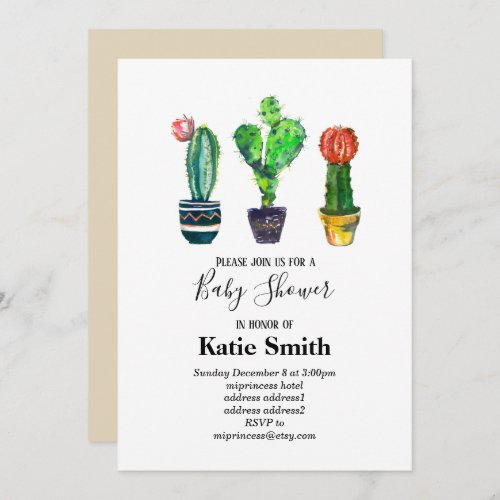 cactus succulent watercolor fiesta baby shower invitation