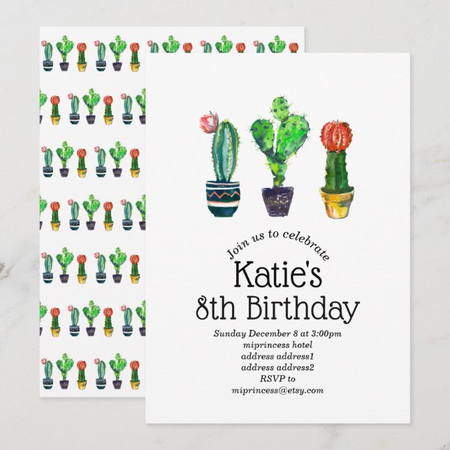 cactus, succulent, watercolor, fiesta, mexican, invitation (Front/Back)