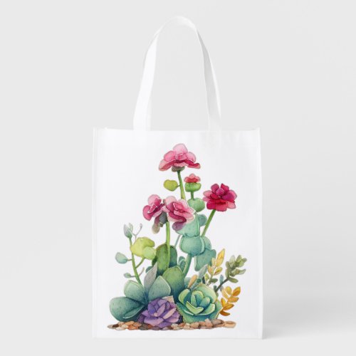 Cactus Succulents Botanical Watercolor Painting  Grocery Bag