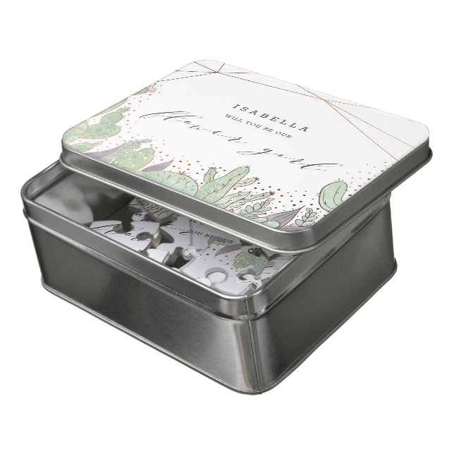 Cactus & Succulents Geometric Flower Girl Proposal Jigsaw Puzzle (Lid Open)