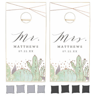 Cactus & Succulents Geometric Wedding Mr & Mrs Cornhole Set