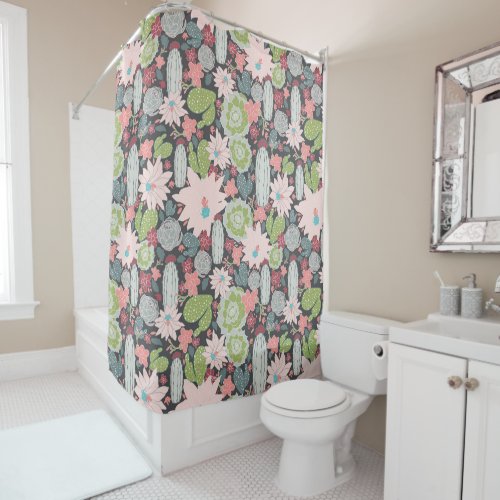 Cactus Succulents Green Pink Pattern Shower Curtain