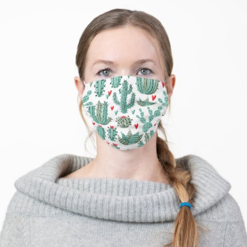 Cactus succulents heart pattern white green adult cloth face mask