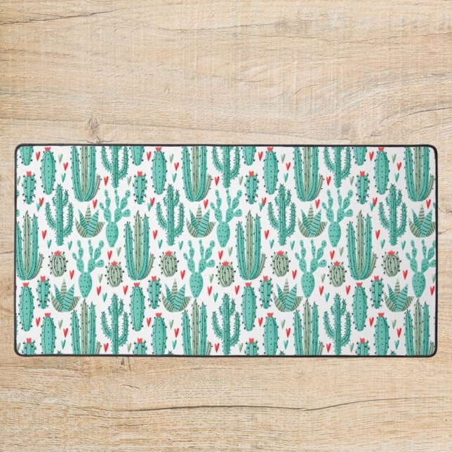 Cactus succulents heart pattern white green desk mat (Creator Uploaded)