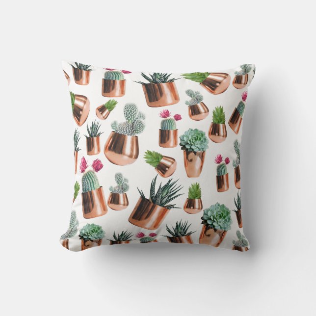 Cactus & Succulents in Rose Gold Pots Throw Pillow (Front)