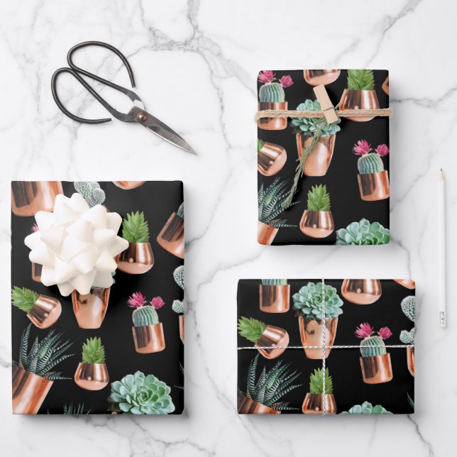 Cactus & Succulents in Rose Gold Pots Wrapping Paper Sheets (Front)